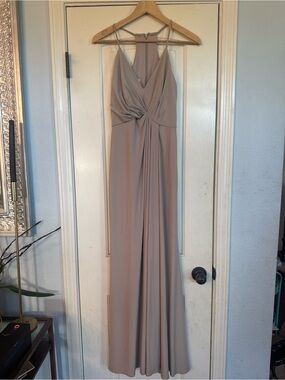 David’s Bridal Celebrate DB studio Elegant Taupe Maxi Dress with Twist Front